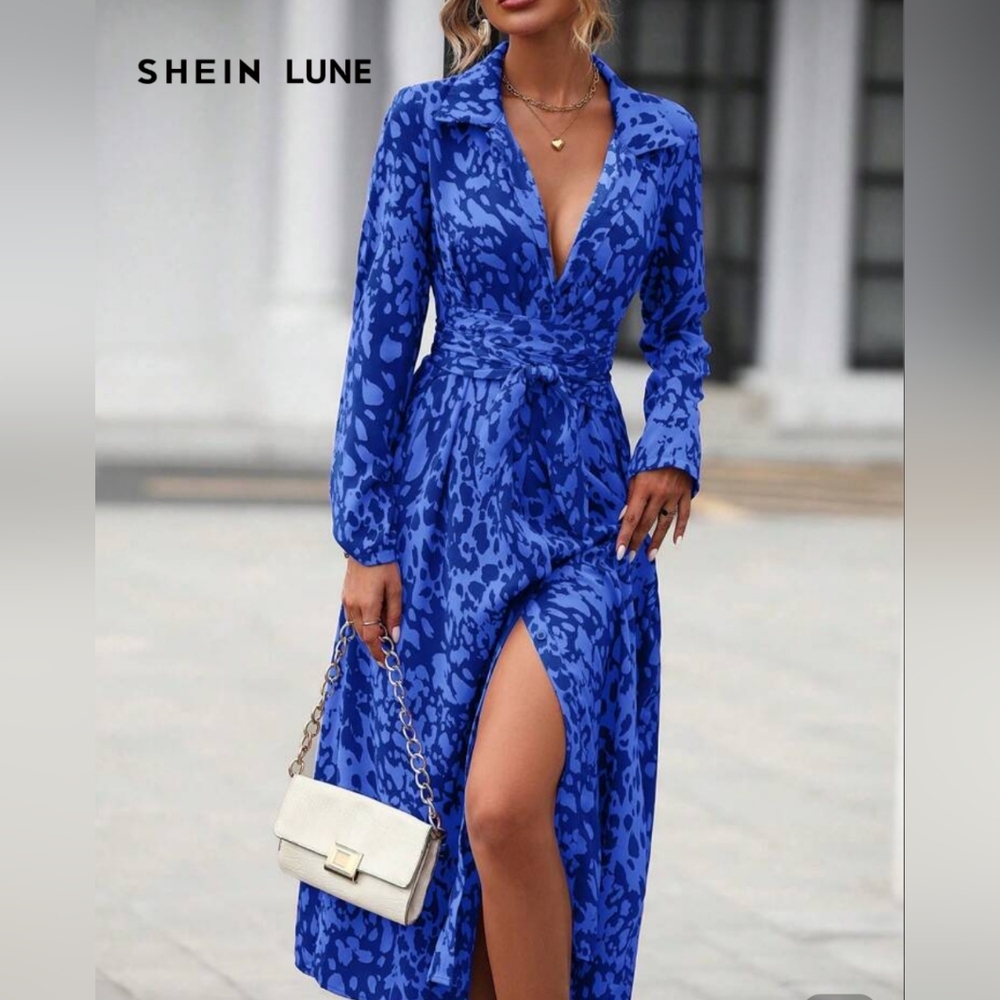 SHEIN LUNE Women Leopard Print Long Sleeve Shirt Collar Dress XL MSRP $38